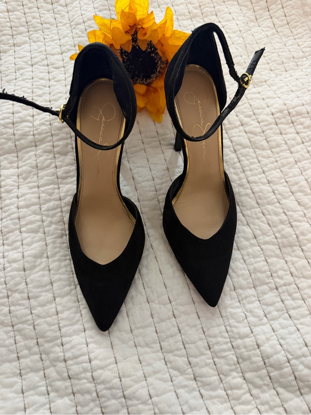 Jessica Simpson Black Pointed Toe Ankle Strap Pumps